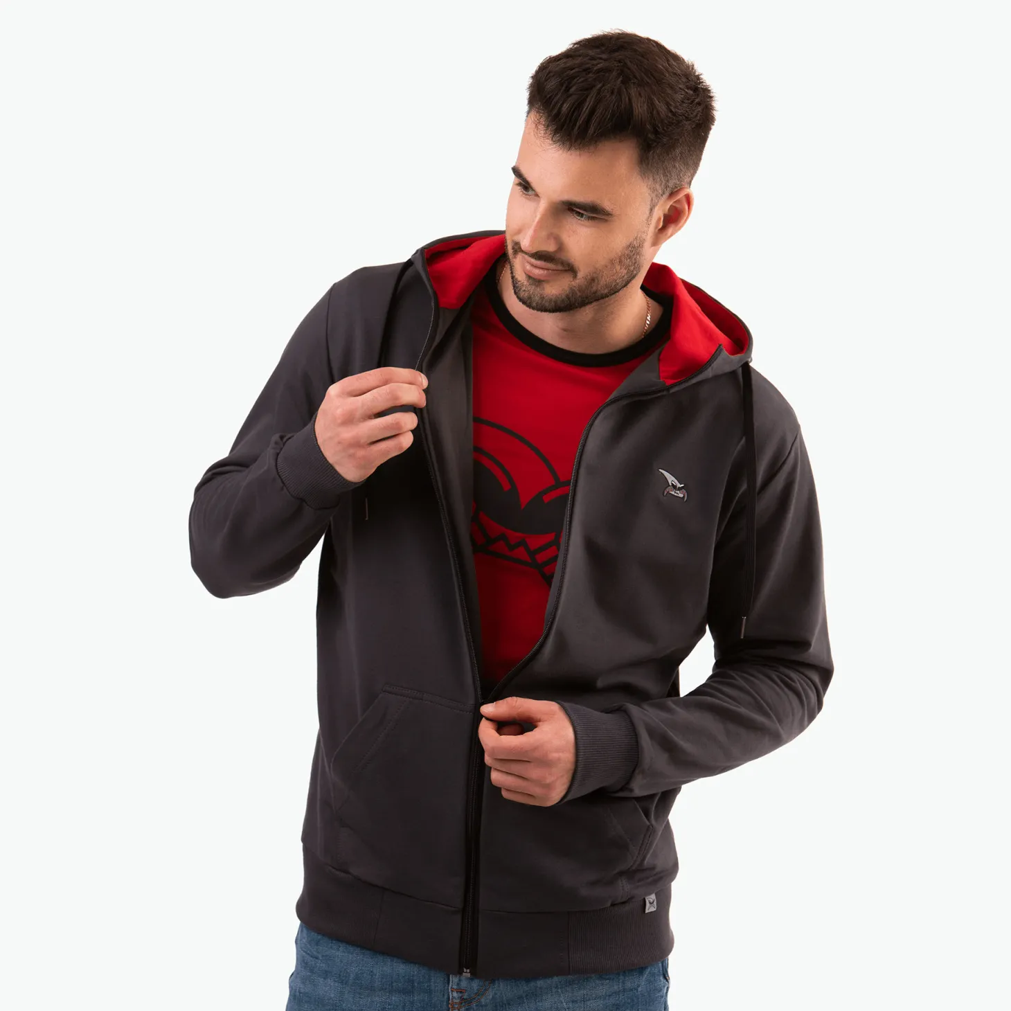 Bluza rozpinana antracytowa, haft kurvinox szary, czerwone kły
